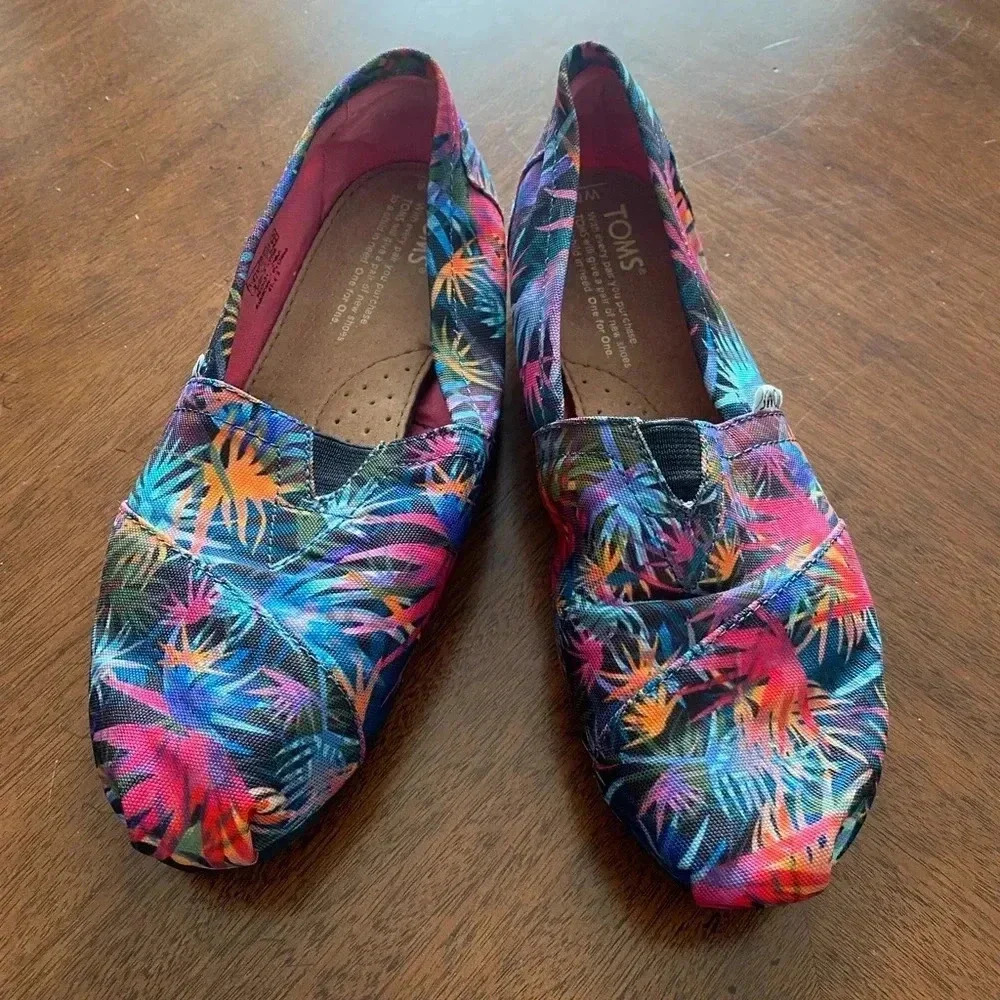 Toms Classic Hawaiian Tropical Floral Cotton Slip On Flat Shoes Women's 6 EUC - Picture 2 of 10